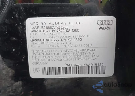 2011 Audi Q5 3.2 Premium Plus z USA, uszkodzony, nr VIN WA1DKAFPXBA048196